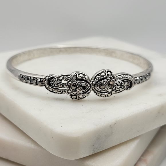 Sterling Silver Bangle Bracelet with Intricate Marcasite Detailing Unsigned - Picture 5 of 16